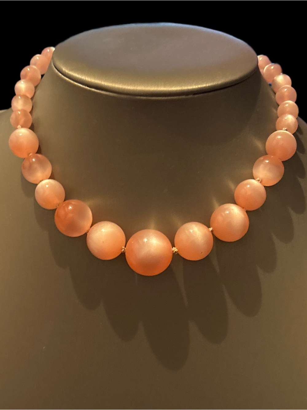 Vintage 1950s Bubblegum Pink Graduated Hand Knotted Moon Stone Bead Necklace